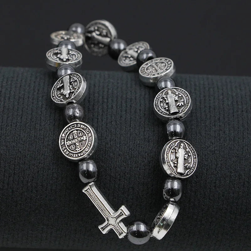 Pulseira Terço Católica com Medalha de São Bento