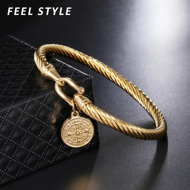 Pulseira Aço Inoxidável São Bento com Medalha Religiosa