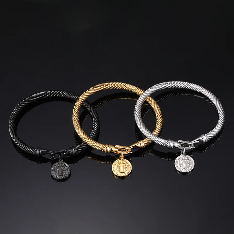 Pulseira Aço Inoxidável São Bento com Medalha Religiosa
