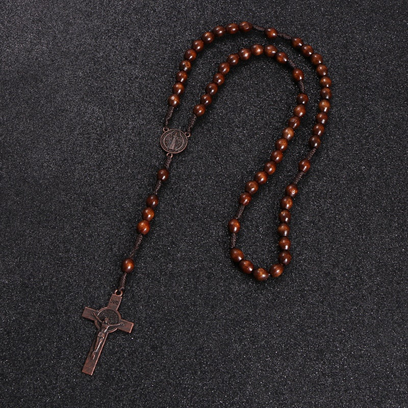 Colar Terço de Madeira com Cruz de Jesus e Contas
