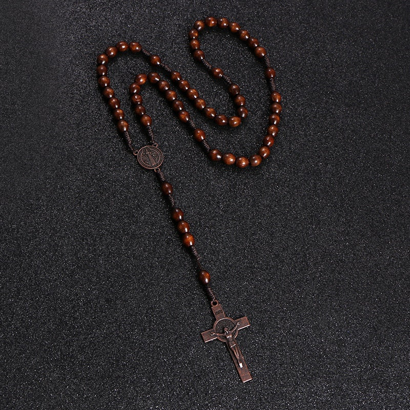 Colar Terço de Madeira com Cruz de Jesus e Contas