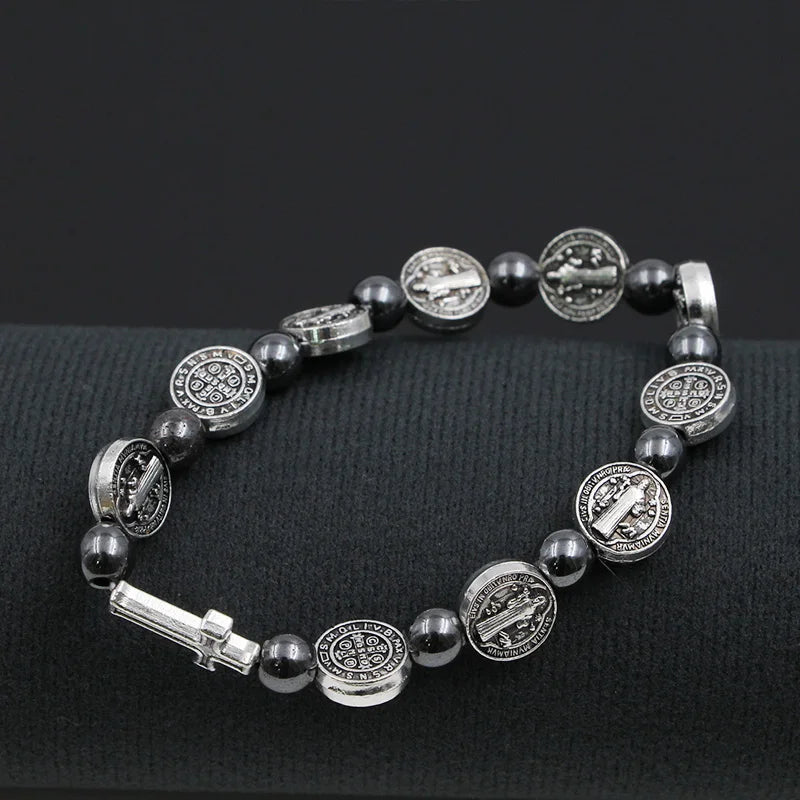 Pulseira Terço Católica com Medalha de São Bento