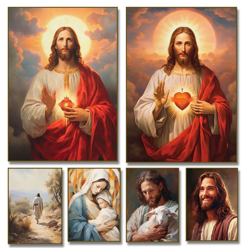 Pôster Religioso Vintage – Sagrado Coração de Jesus e Família Sagrada