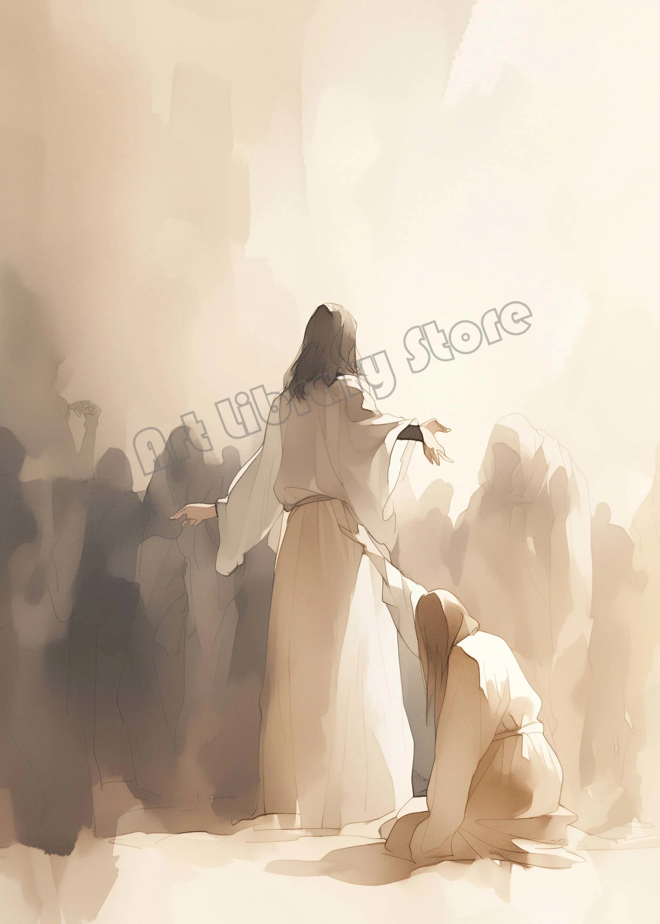 Pôster em Tela – Jesus Cristo Aquarela Caminhando sobre as Águas
