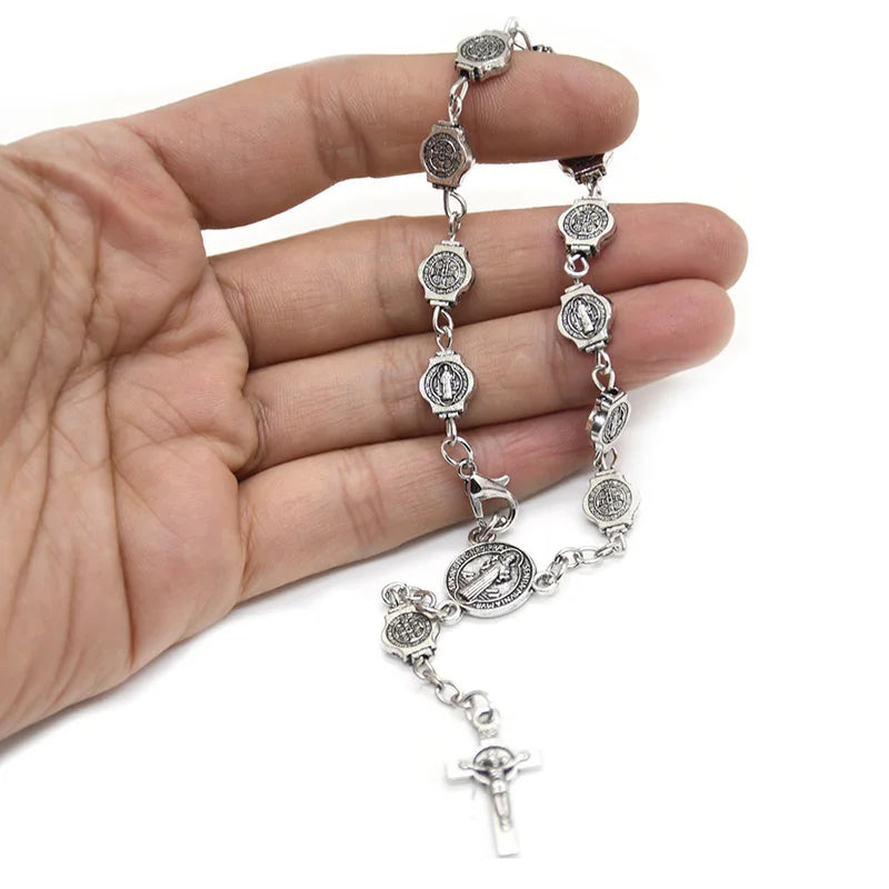 Pulseira Terço de São Bento em Metal Retrô com Crucifixo