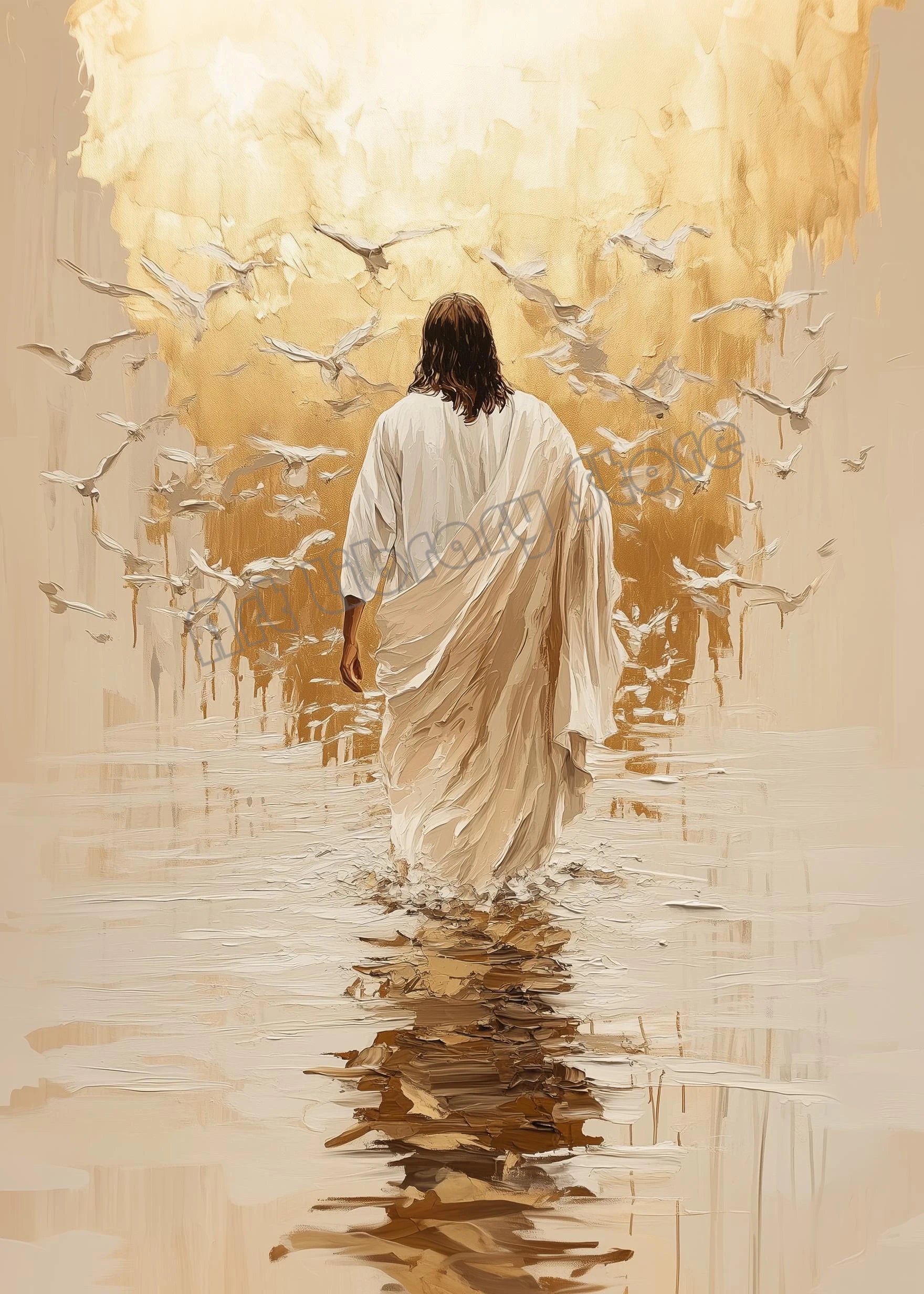 Pôster em Tela – Jesus Cristo Aquarela Caminhando sobre as Águas