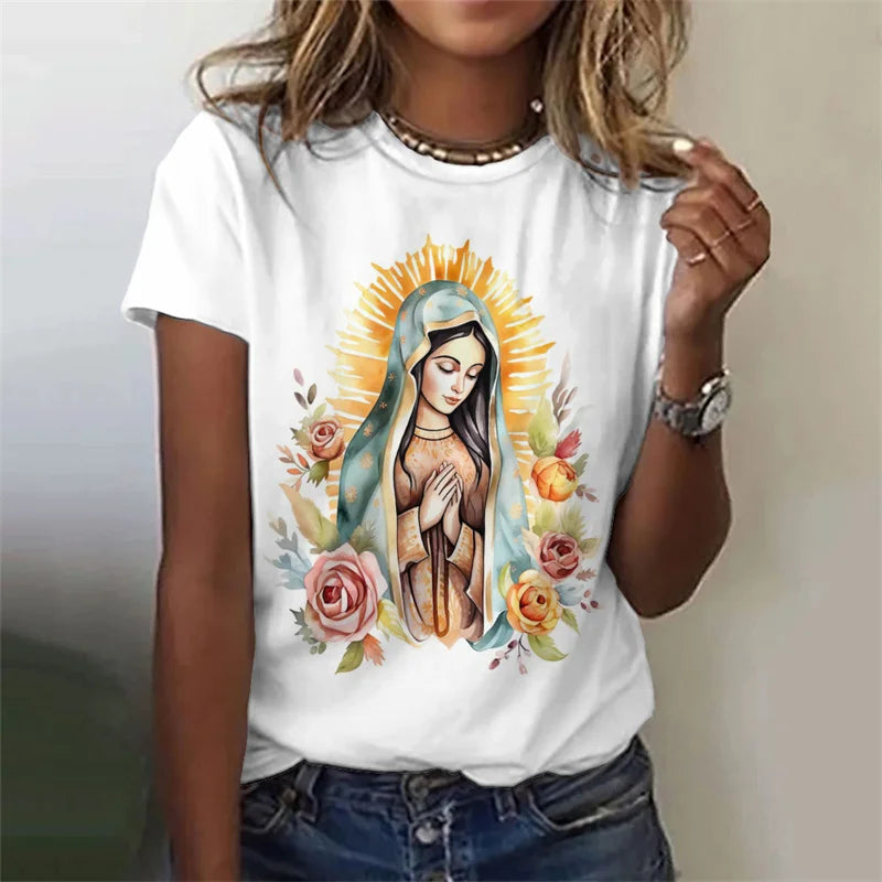 Camisola Feminina com Estampa 3D da Virgem Maria