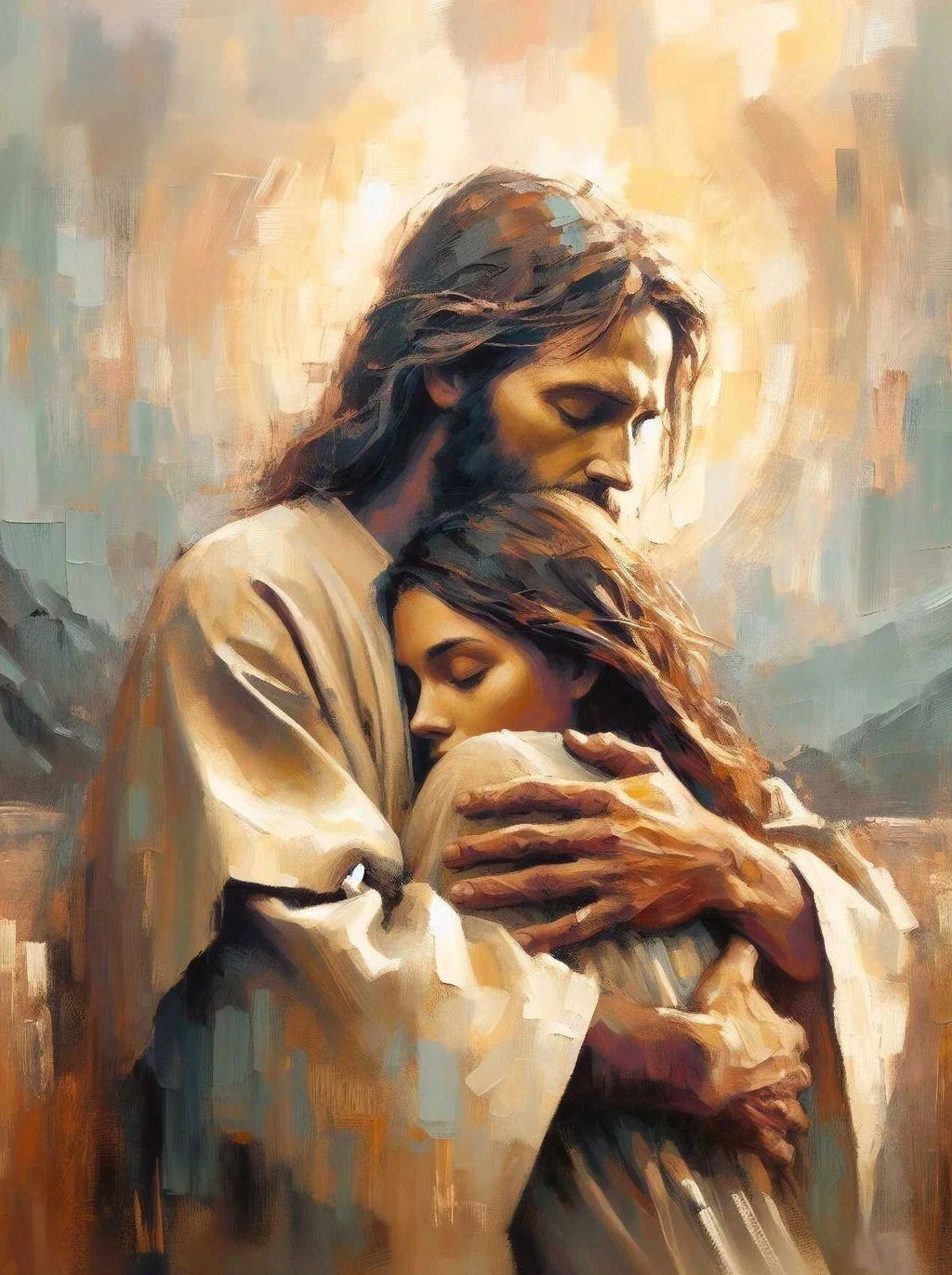 Pôster em Tela – Jesus e Menina no Abraço da Cura