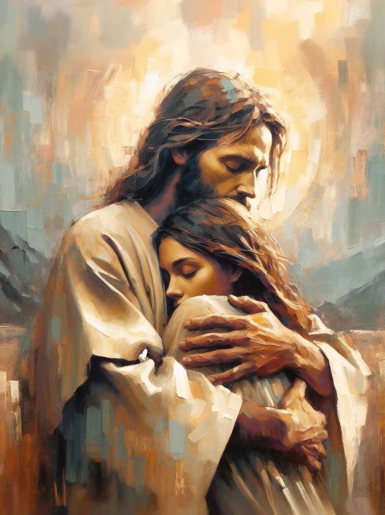 Pôster em Tela – Jesus e Menina no Abraço da Cura