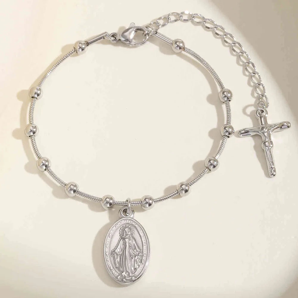 Pulseira Terço Dupla Face Feminina em Aço Inoxidável