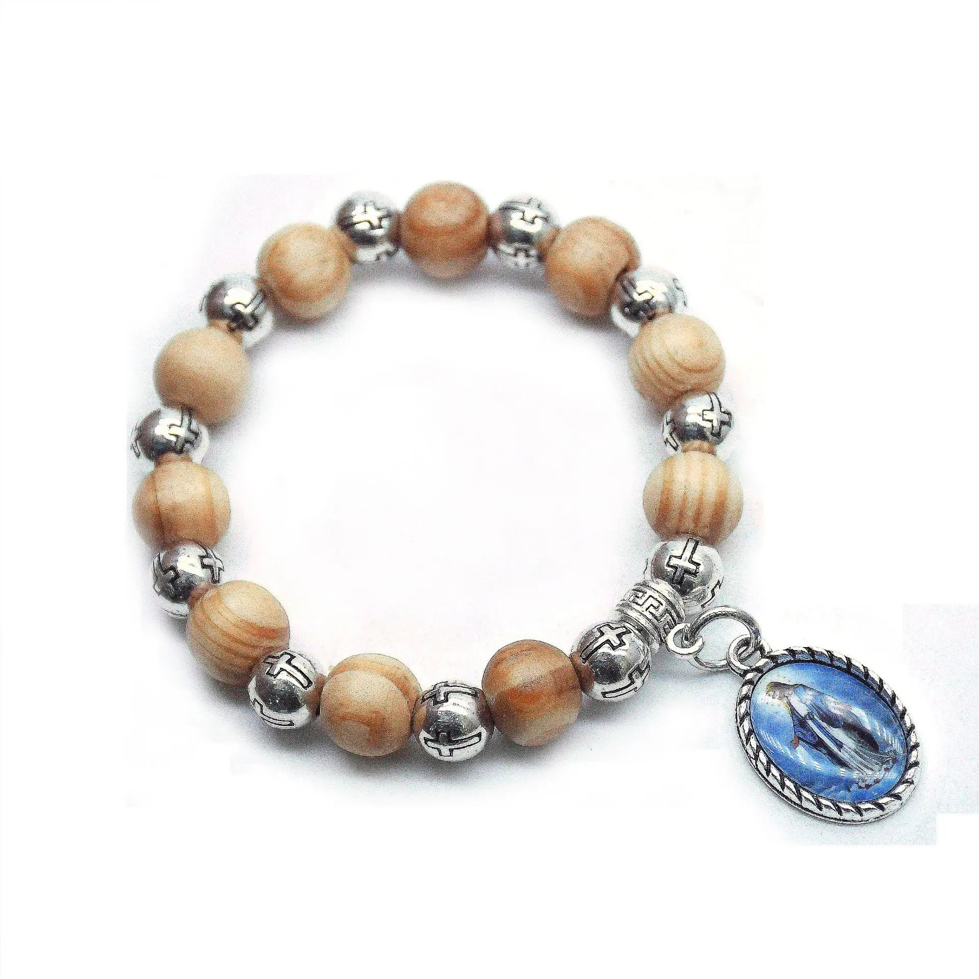 Pulseira Religiosa de Contas de Madeira com Cruz e Nossa Senhora