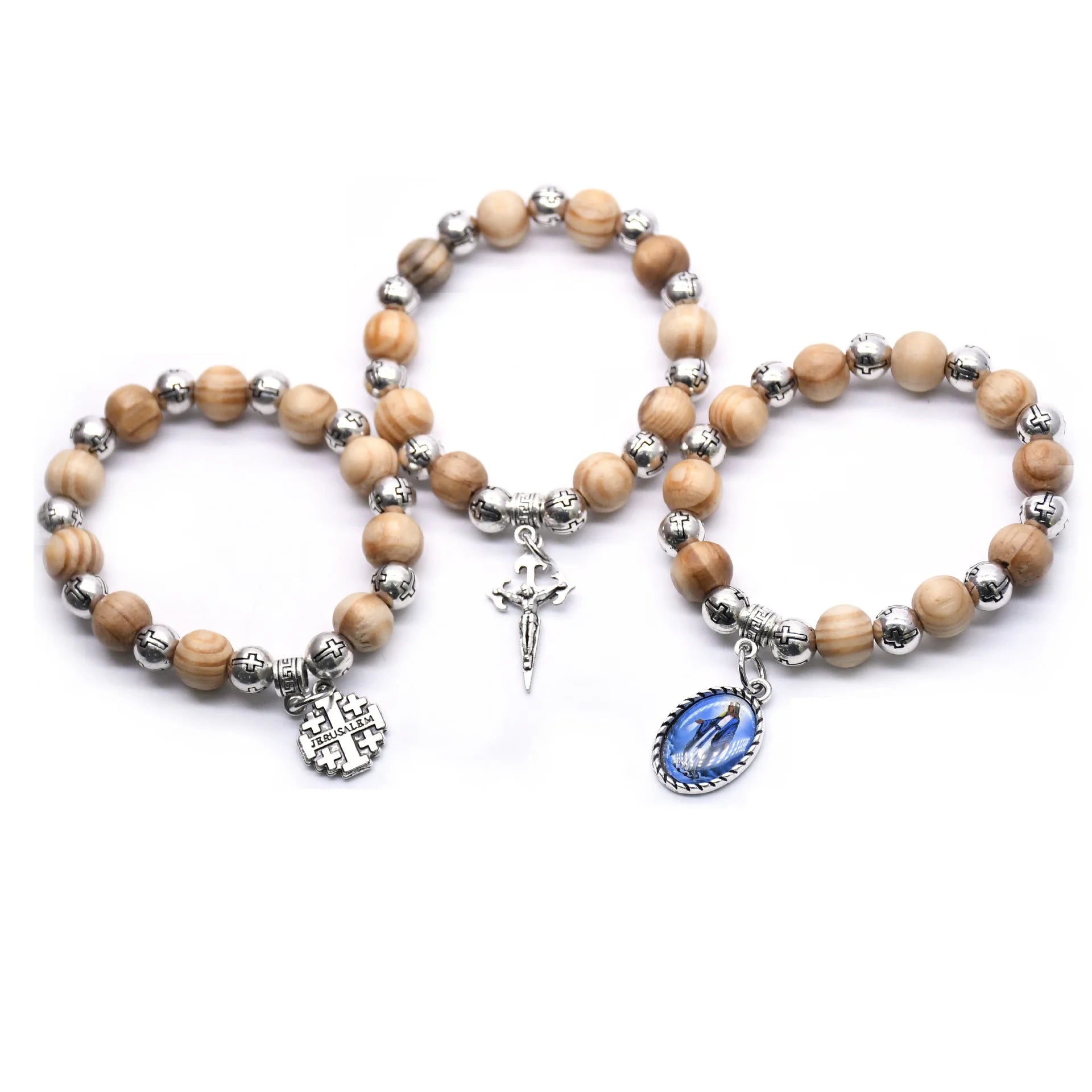 Pulseira Religiosa de Contas de Madeira com Cruz e Nossa Senhora