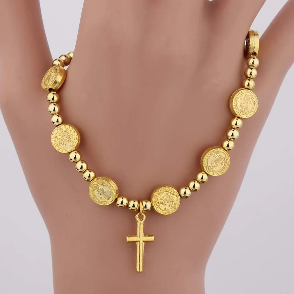 Pulseira Religiosa com Medalha de São Bento Banho de Ouro