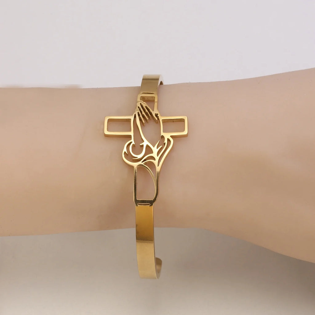 Pulseira Cristã Cruz em Aço Inoxidável Dourada