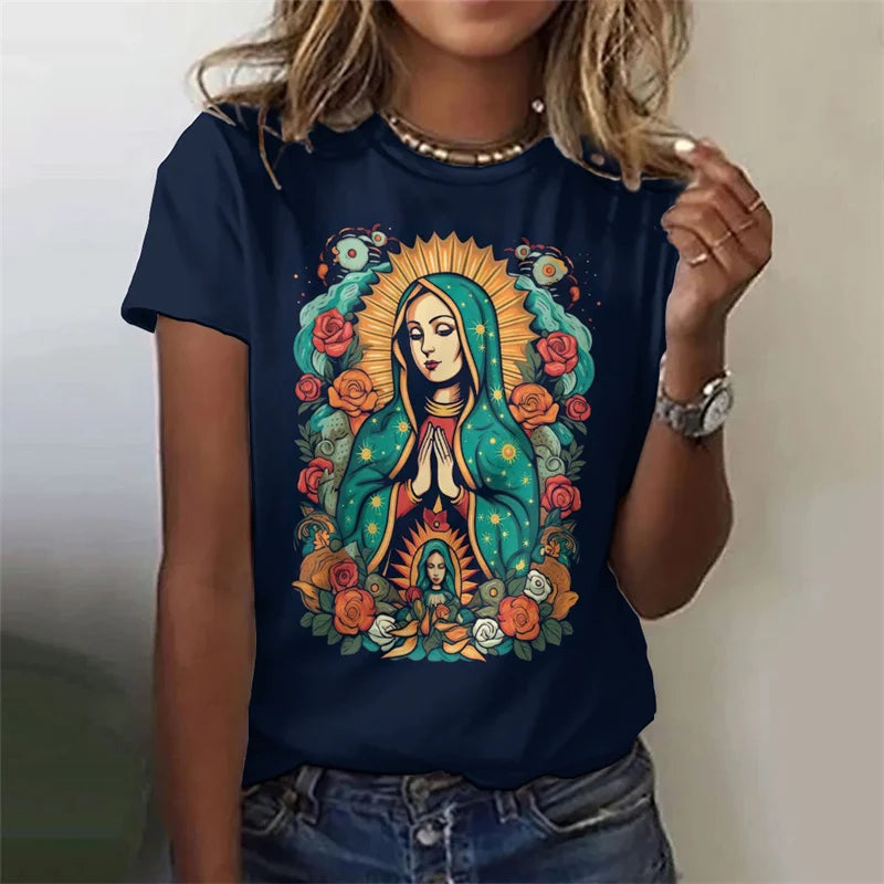 Camisola Feminina com Estampa 3D da Virgem Maria