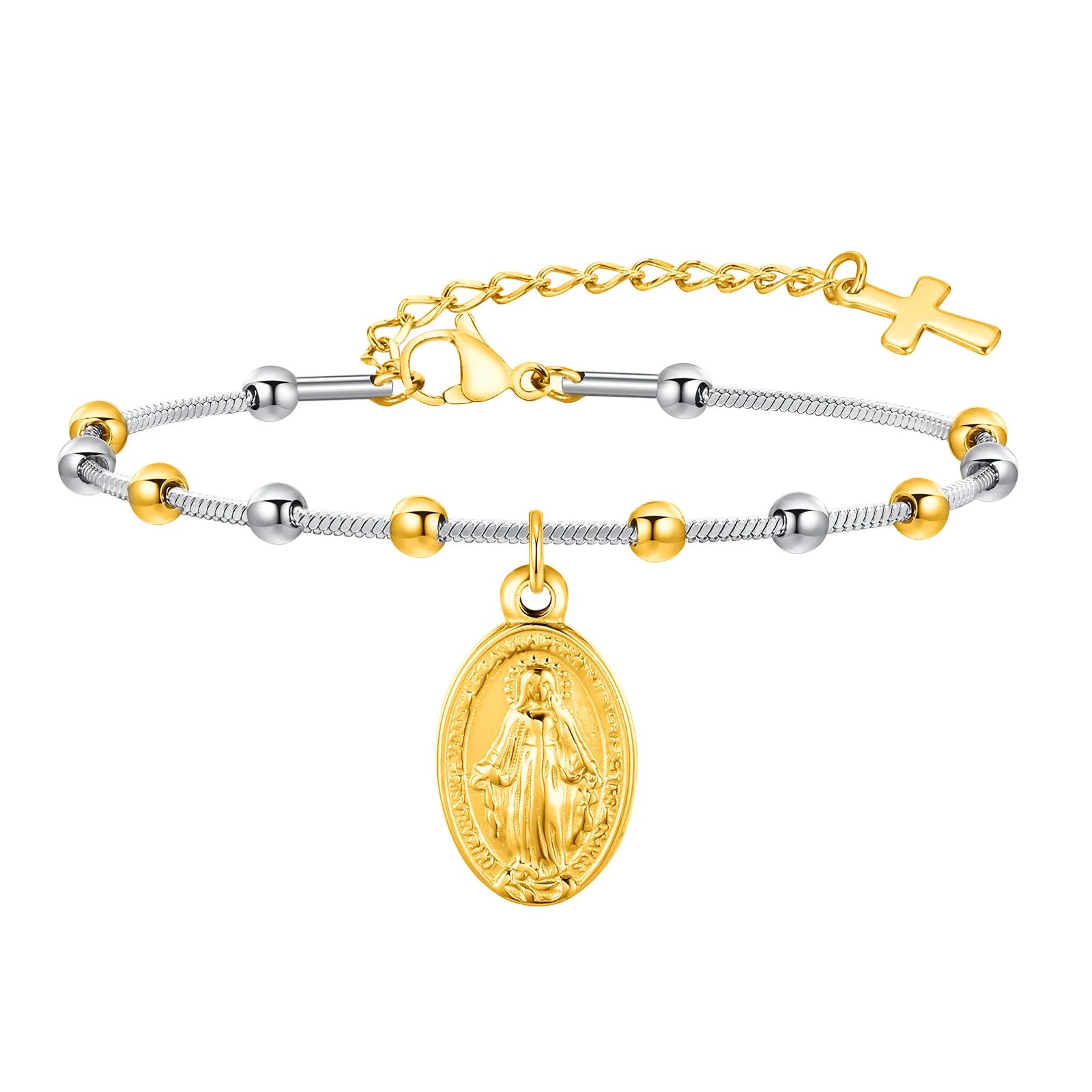 Pulseira Terço Dupla Face Feminina em Aço Inoxidável