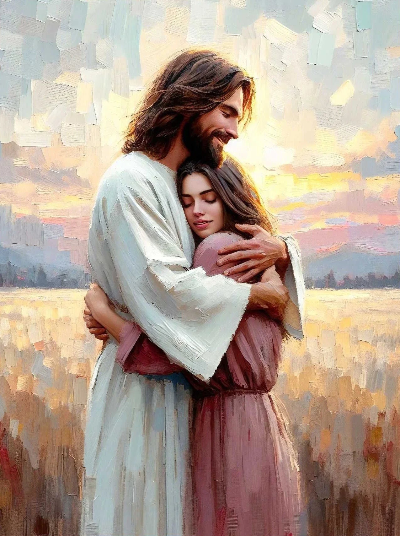 Pôster em Tela – Jesus e Menina no Abraço da Cura