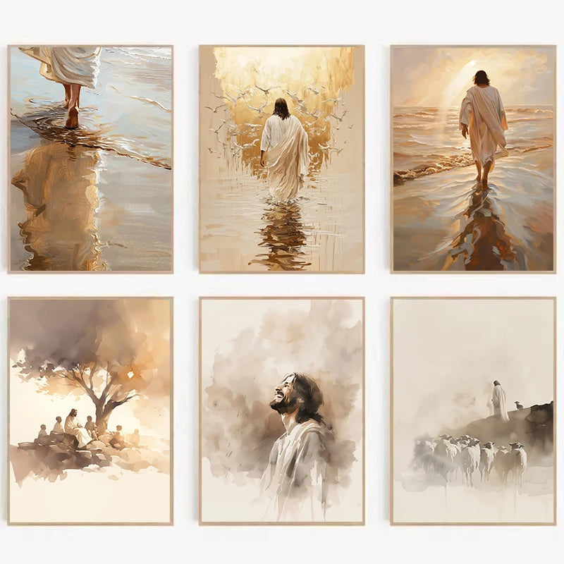 Pôster em Tela – Jesus Cristo Aquarela Caminhando sobre as Águas