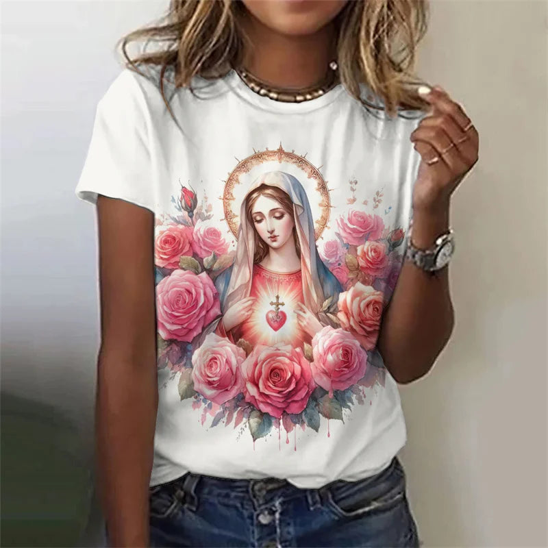 Camisola Feminina com Estampa 3D da Virgem Maria