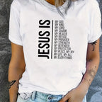 Jesus Is Print Faith Graphic T-Shirt, Short Sleeve Crew Neck Casual Top For Spring & Summer, Women's Clothing