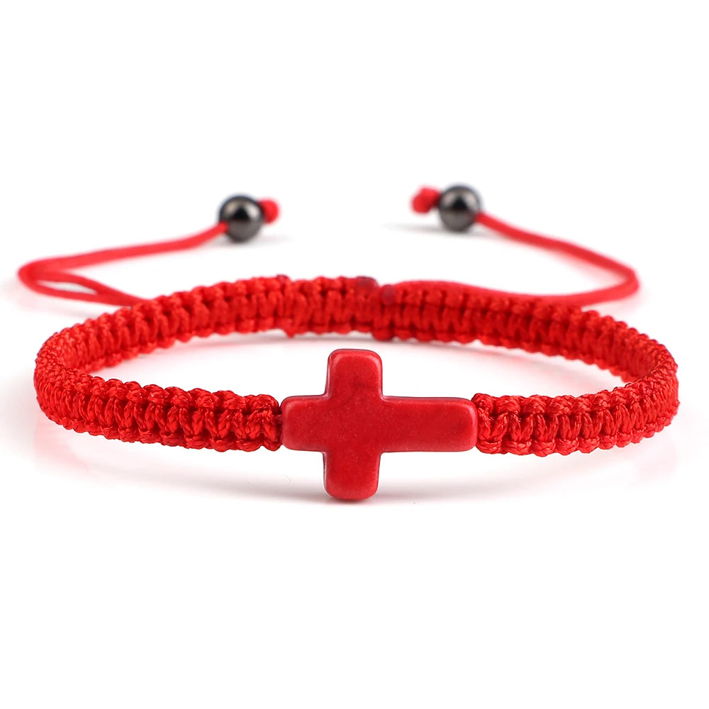 Pulseira Trançada Jesus com Cruz em Fio Vermelho e Preto