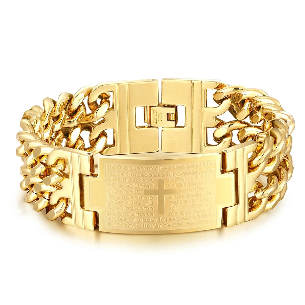 Pulseira Masculina Cruz da Bíblia em Aço Inoxidável Dourada