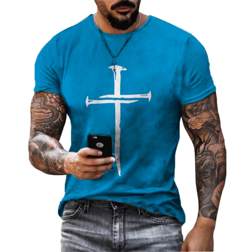 Camisola Masculina Verão com Estampa 3D de Cruz