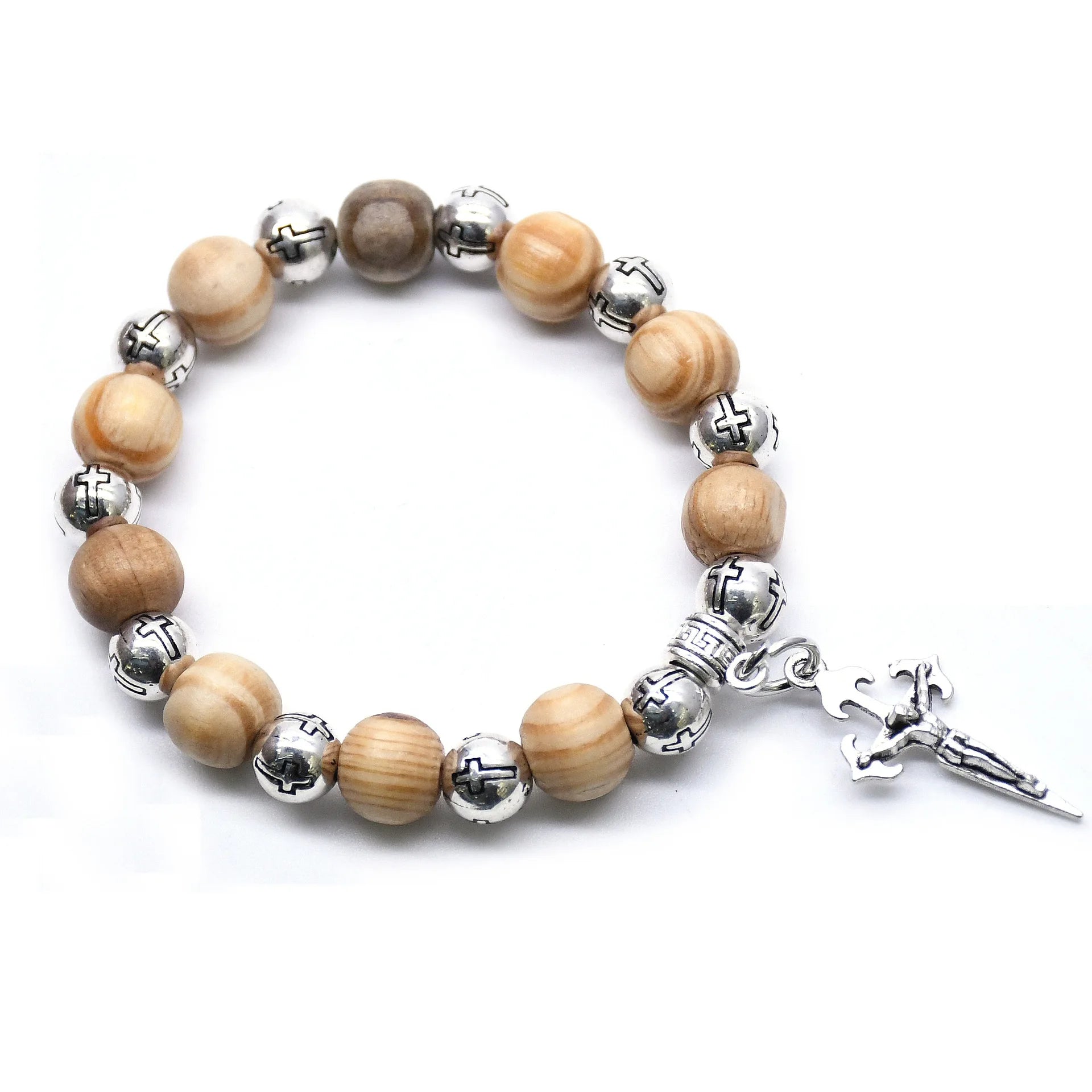 Pulseira Religiosa de Contas de Madeira com Cruz e Nossa Senhora