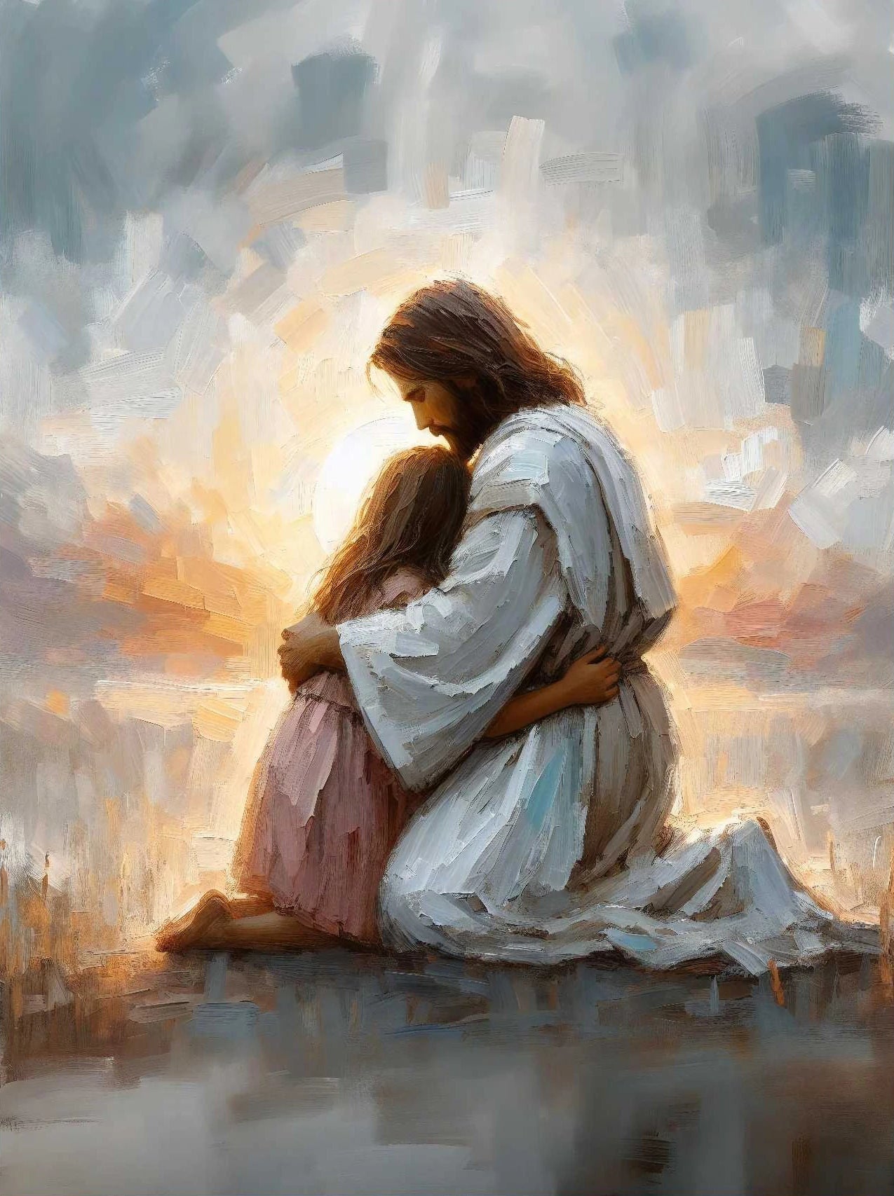 Pôster em Tela – Jesus e Menina no Abraço da Cura