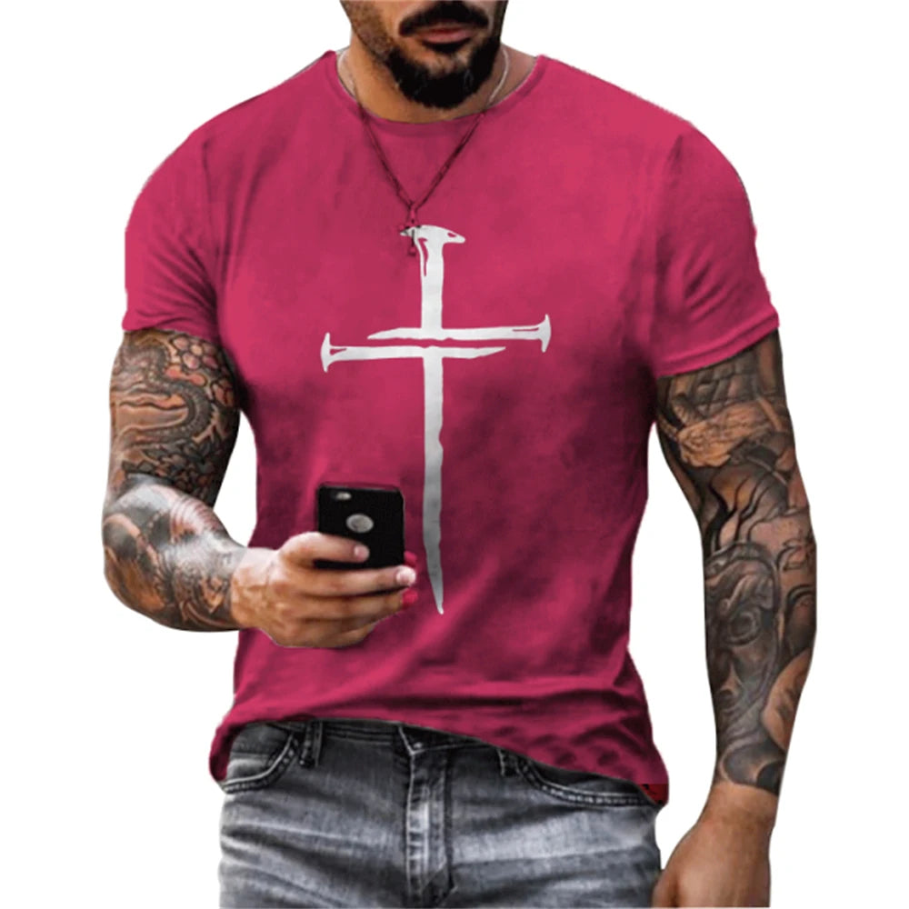 Camisola Masculina Verão com Estampa 3D de Cruz