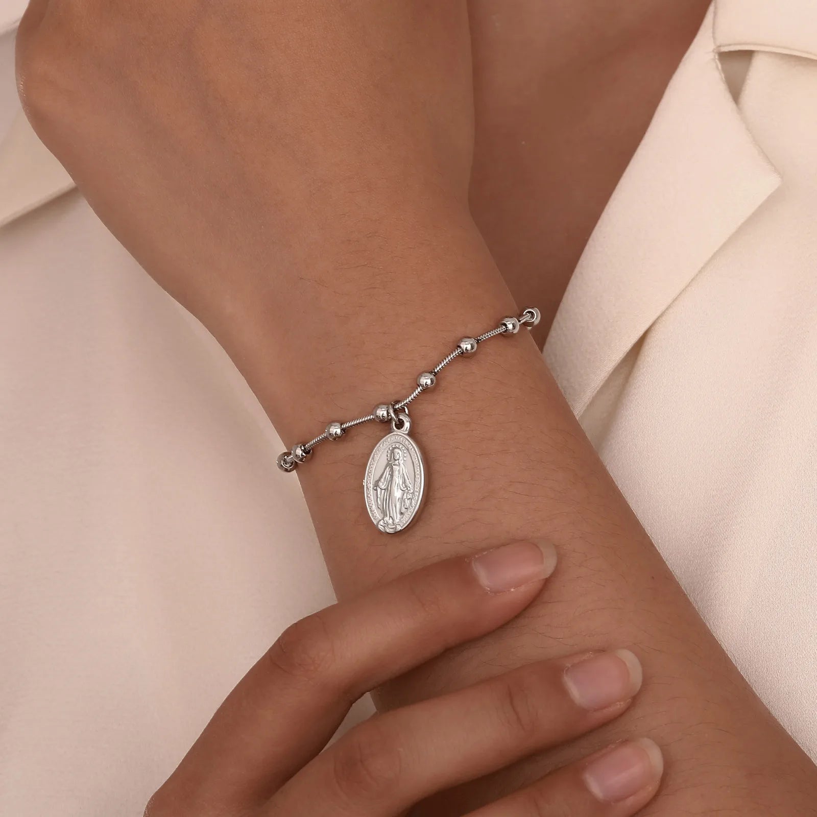 Pulseira Terço Dupla Face Feminina em Aço Inoxidável