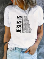 Jesus Is Print Faith Graphic T-Shirt, Short Sleeve Crew Neck Casual Top For Spring & Summer, Women's Clothing