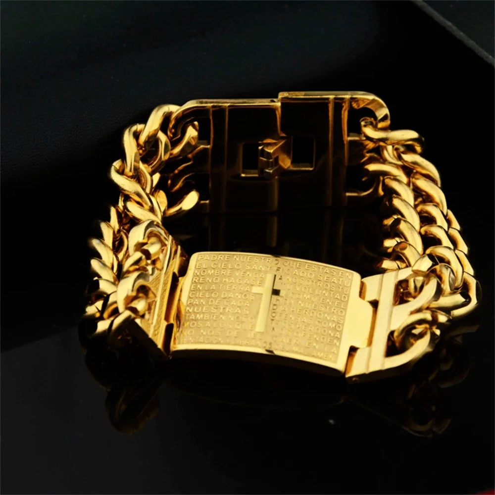 Pulseira Masculina Cruz da Bíblia em Aço Inoxidável Dourada