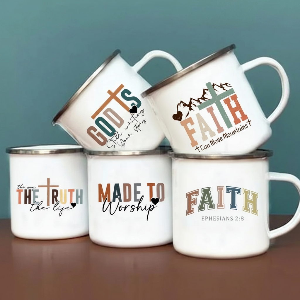 Caneca de Esmalte com Estampa de Fé Cristã