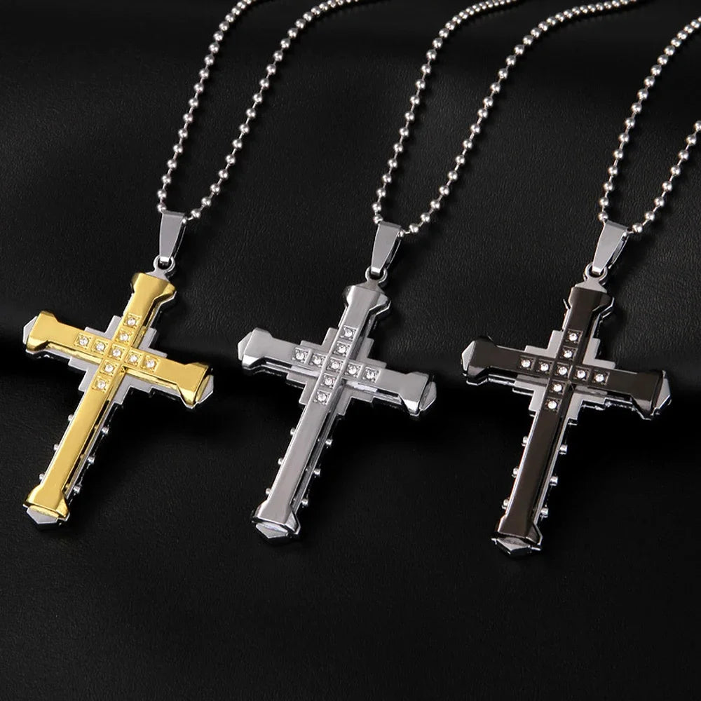 Colar de Aço Inoxidável com Cruz de Jesus em Cristal