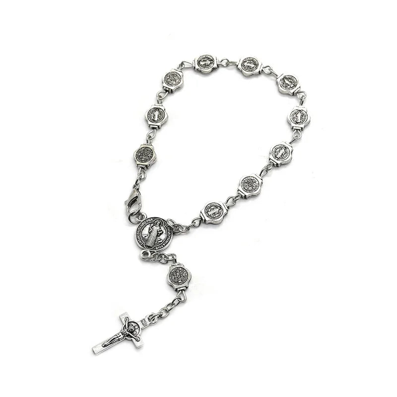Pulseira Terço de São Bento em Metal Retrô com Crucifixo