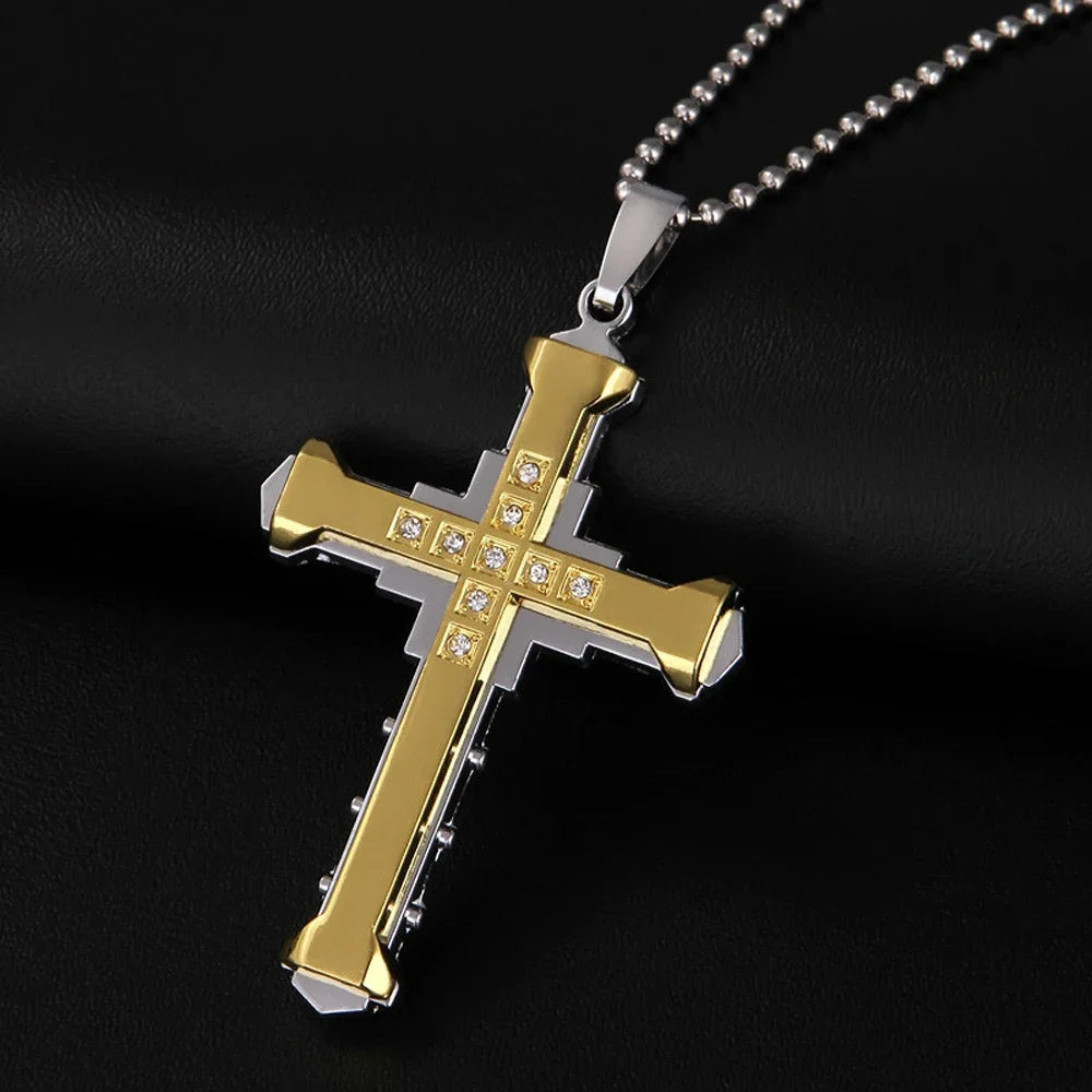 Colar de Aço Inoxidável com Cruz de Jesus em Cristal