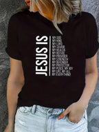 Jesus Is Print Faith Graphic T-Shirt, Short Sleeve Crew Neck Casual Top For Spring & Summer, Women's Clothing