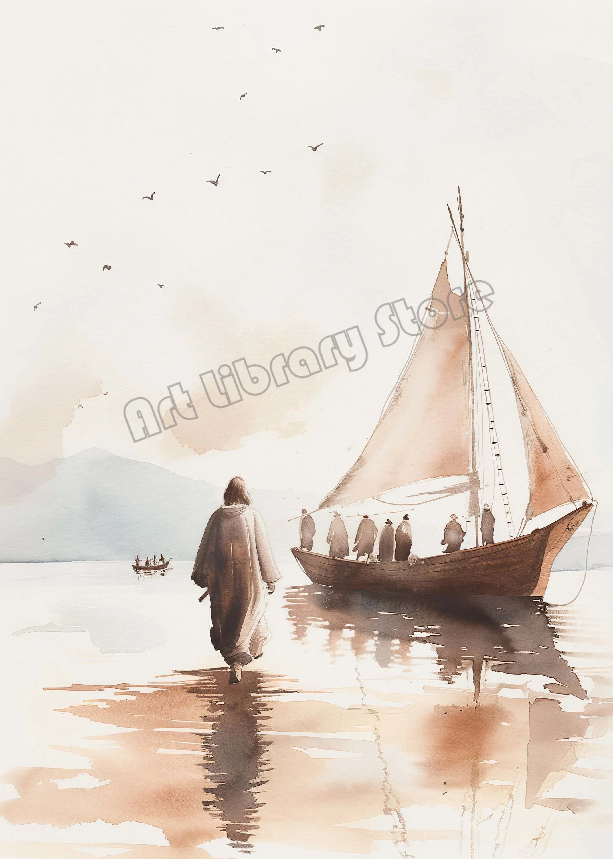 Pôster em Tela – Jesus Cristo Aquarela Caminhando sobre as Águas