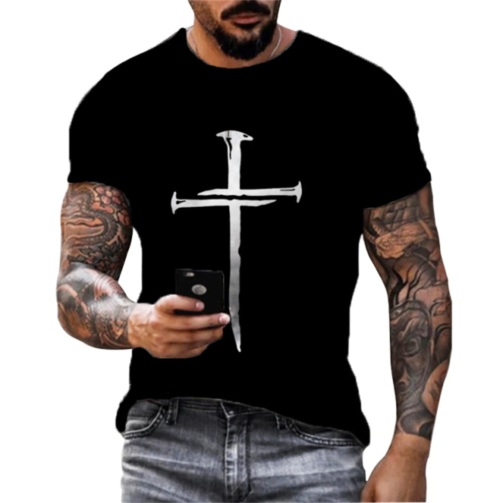 Camisola Masculina Verão com Estampa 3D de Cruz