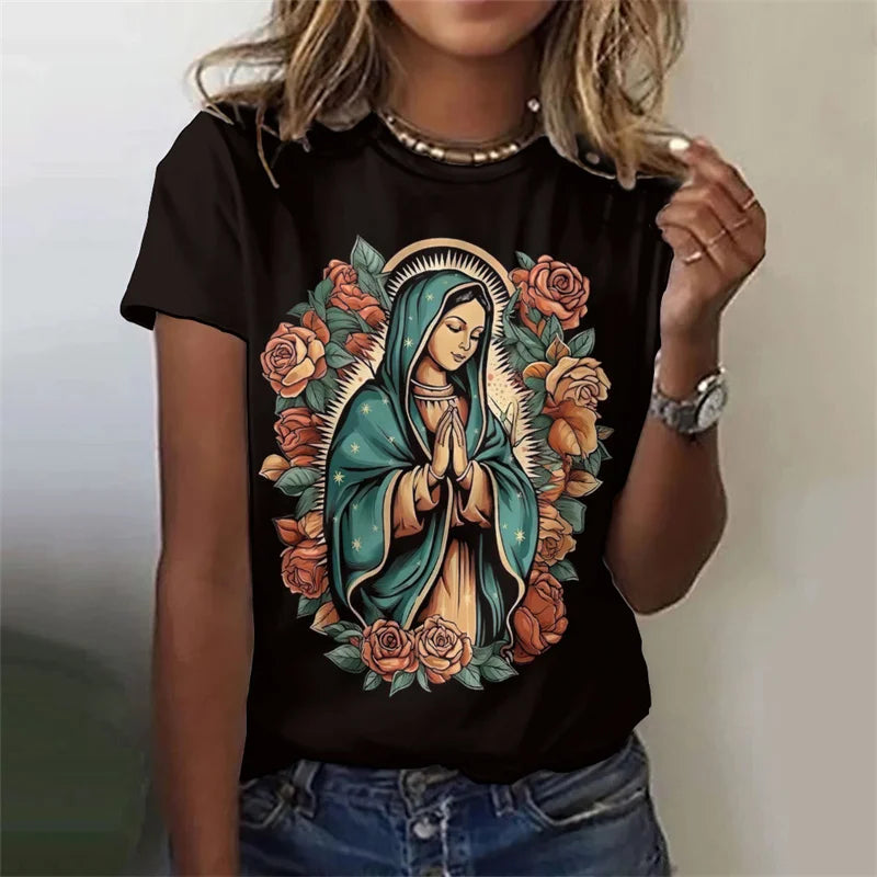 Camisola Feminina com Estampa 3D da Virgem Maria