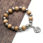Pulseira Religiosa de Contas de Madeira com Cruz e Nossa Senhora