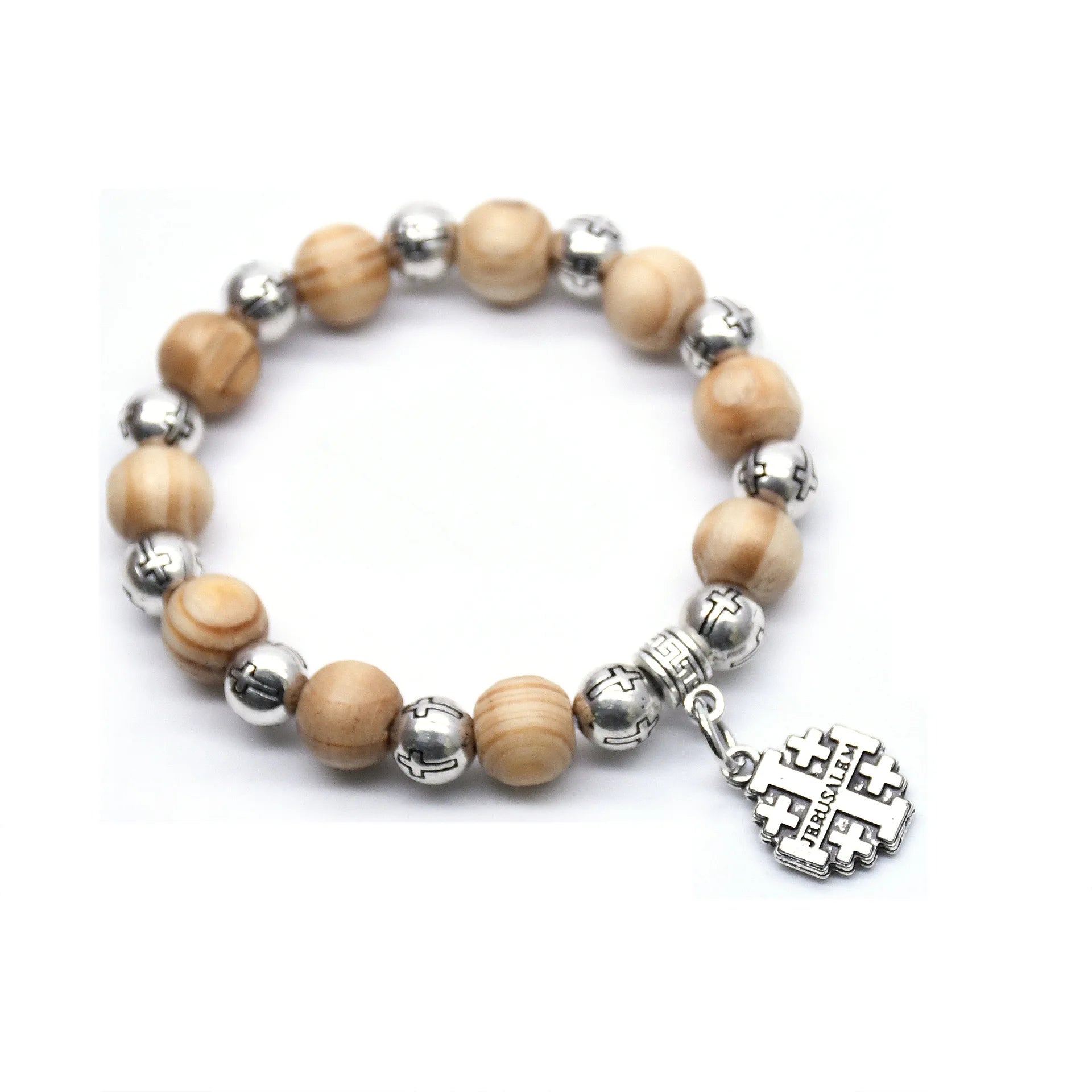 Pulseira Religiosa de Contas de Madeira com Cruz e Nossa Senhora