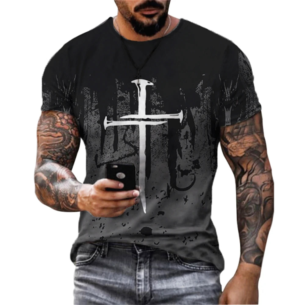 Camisola Masculina Verão com Estampa 3D de Cruz