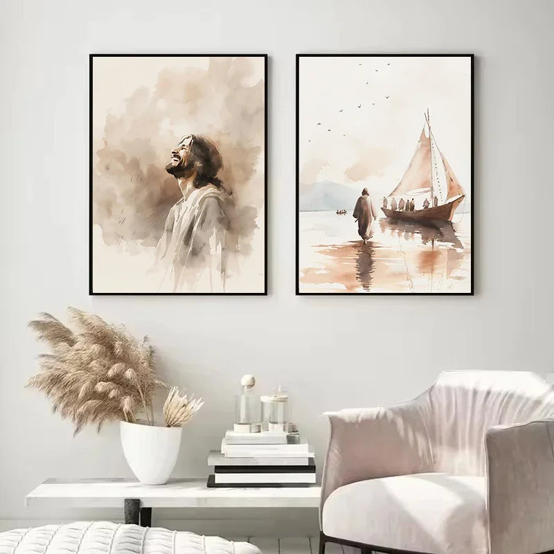 Pôster em Tela – Jesus Cristo Aquarela Caminhando sobre as Águas