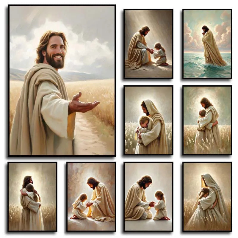 Pôster Cristão em Tela – Jesus com Crianças em Oração