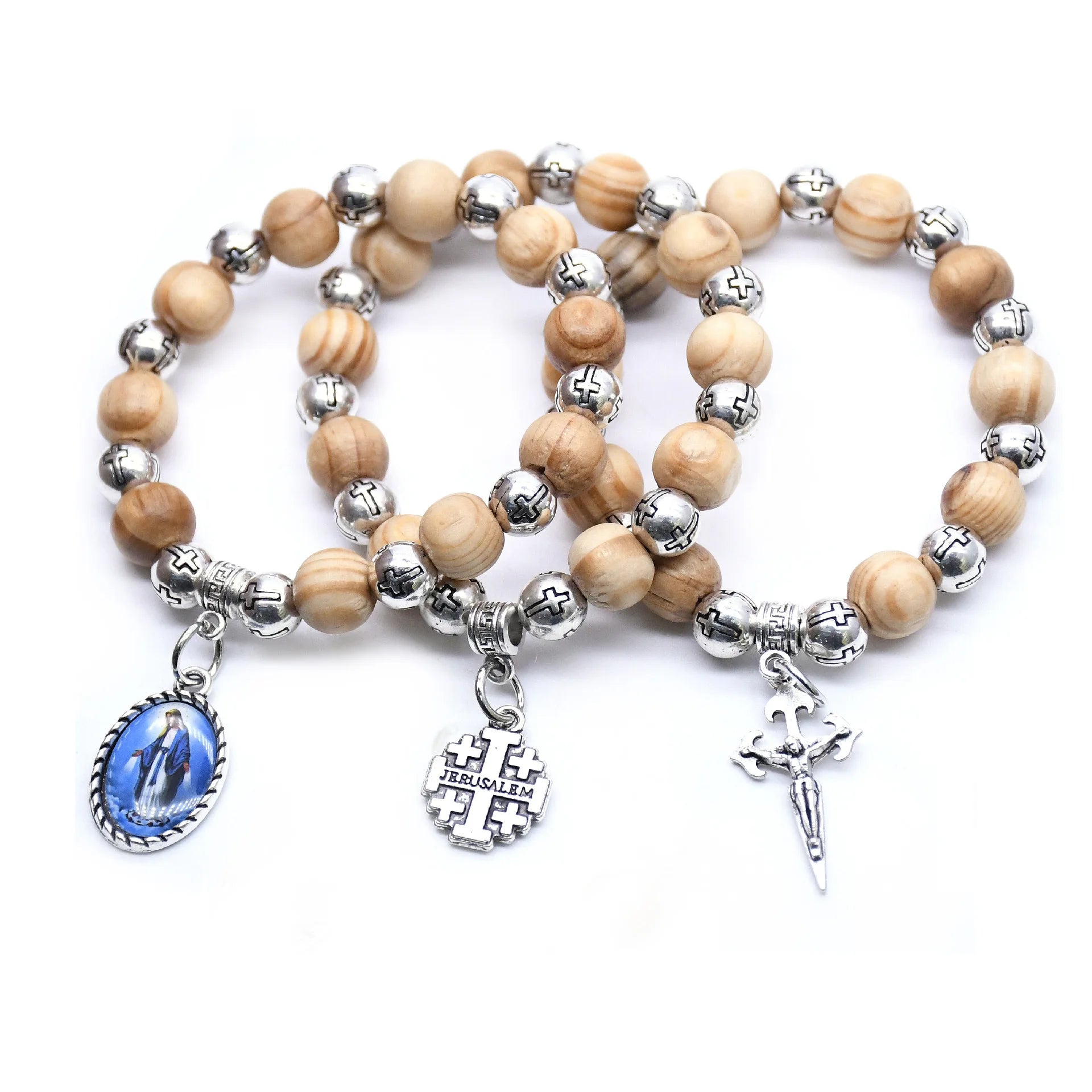 Pulseira Religiosa de Contas de Madeira com Cruz e Nossa Senhora