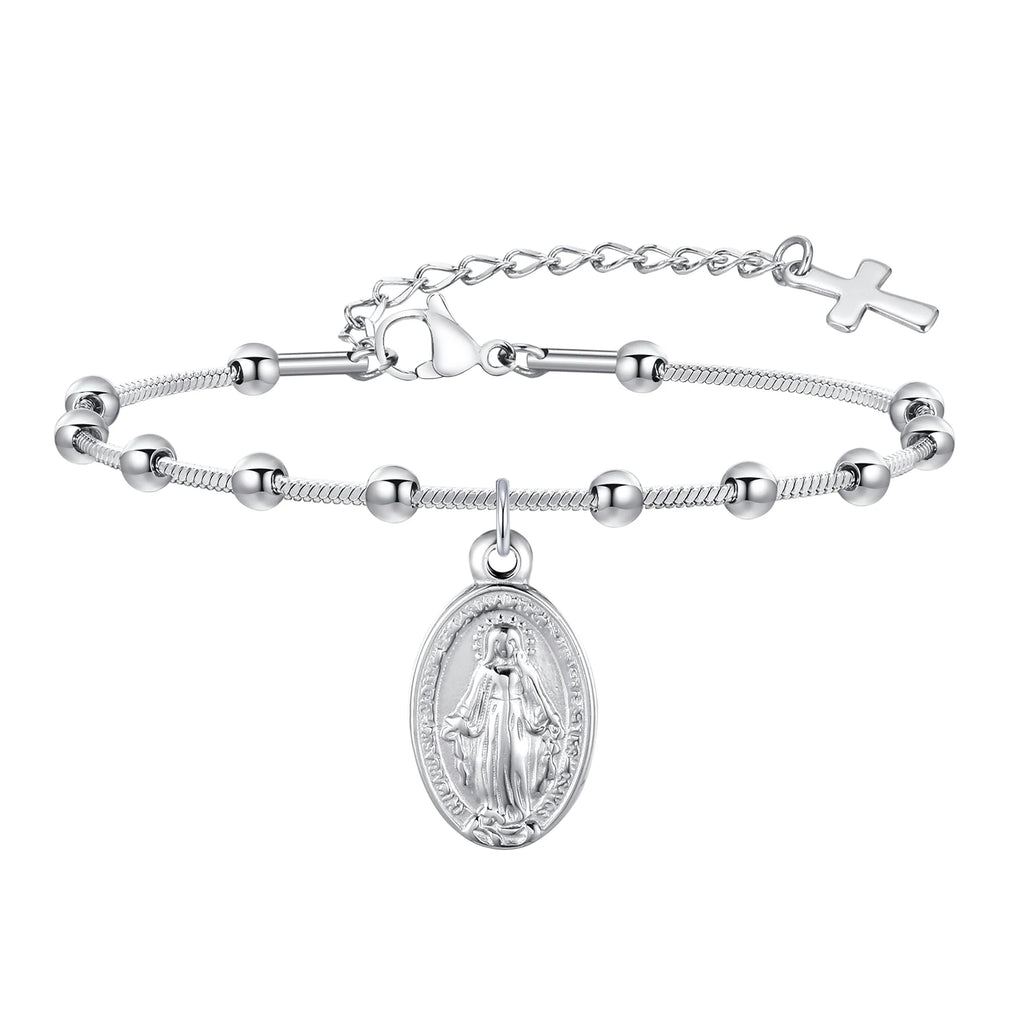 Pulseira Terço Dupla Face Feminina em Aço Inoxidável