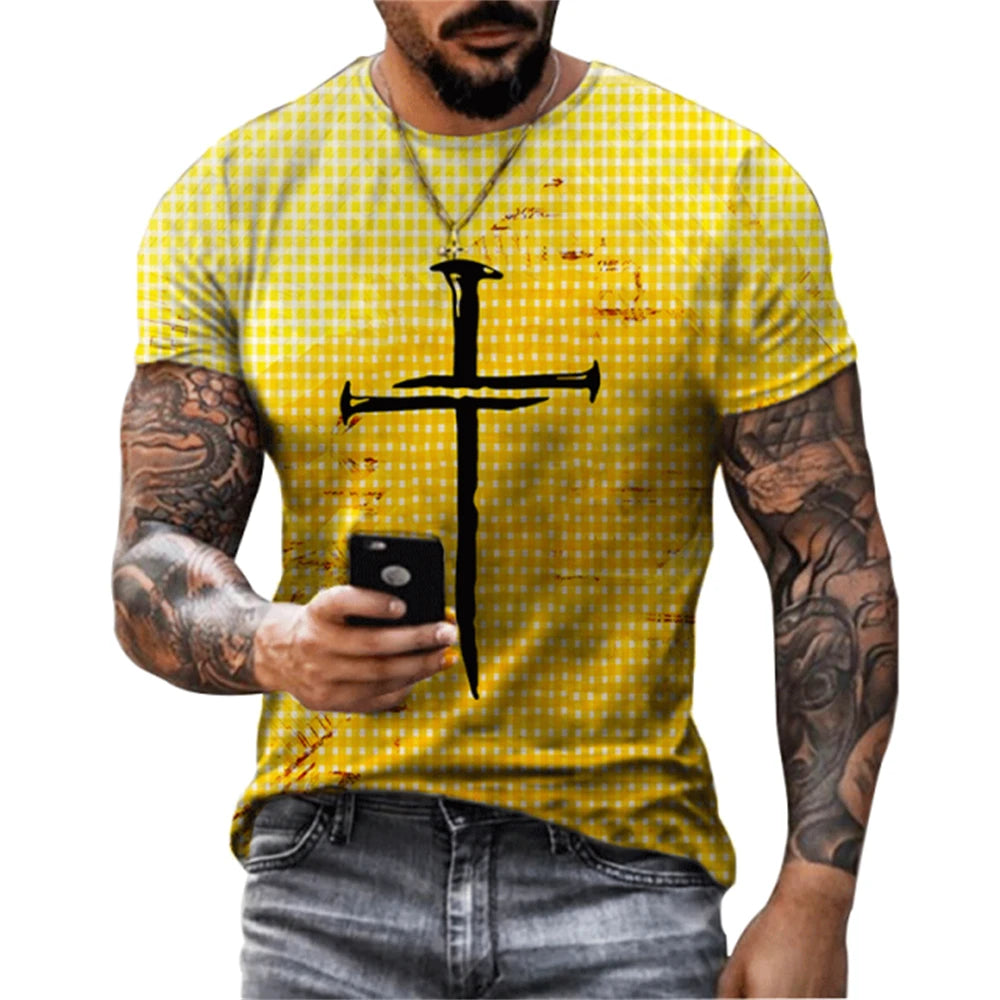Camisola Masculina Verão com Estampa 3D de Cruz