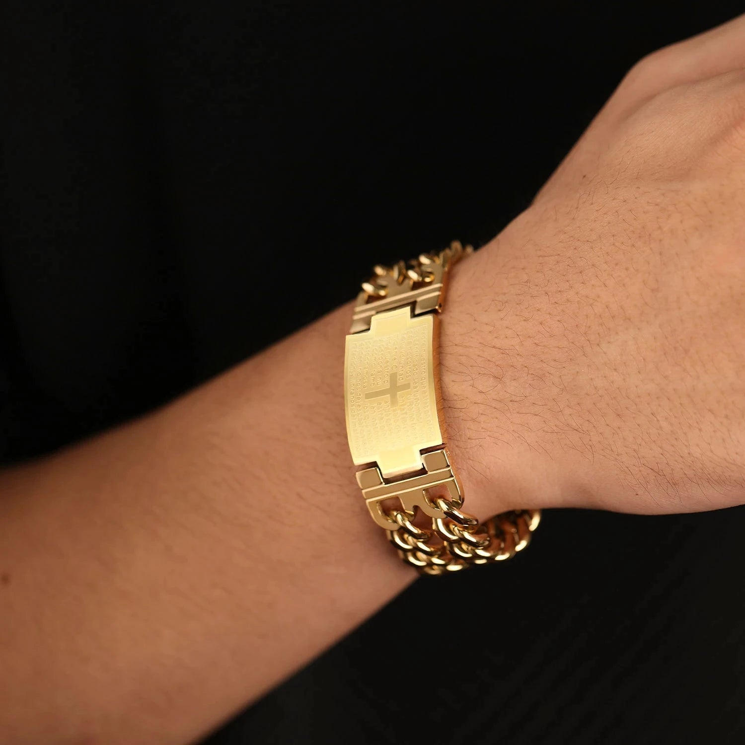 Pulseira Masculina Cruz da Bíblia em Aço Inoxidável Dourada